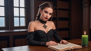 RAW photo (high-detail image: 1.2), 8K hd, high quality, film grain, photorealistic, Fujifilm XT 3,Koni Demiko18 yo Gothic-style model  dressed in a revealing schoolgirl costume.looks at the camera, a slight mysterious smile, The neckline, decorated with intricate lace and gold details, gives the image a seductive and rebellious look. Dark hair, braided in a braid, flows down, framing a beautiful, mesmerizing face. Bold make-up with an ombre effect on the lips adds to her charm, moving from a deep, rich red in the center to a glossy black at the edges, artfully outlined and filled to create a spectacular but subtle gradient. Glossy gloss gives the image a touch of glamour and volume, and rich red and black shades give the image a dramatic, vampire atmosphere. A tattoo in the form of skulls adorns her arms.A table with open books on witchcraft, the paraphernalia of a black magus, black candles, and pentagrams glowing with green fire, create an atmosphere of mystical wonder,in the background there is an old steampunk library, a lit fireplace, burning candles,<lora:659095807385103906:1.0>
