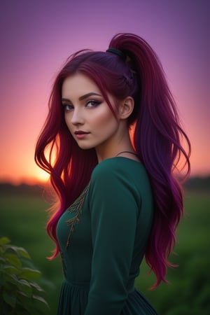 Ultra Long Exposure Photography))  Slavian girl with long crazy double ponytail hair, beautiful Slavic oval face,multicolored hair(coloring in the style of Goth:0.1),fiery red wavy hair fluttering in the wind,hair flutters in the wind, the setting red sun highlights the hair from the inside,(((ombre,(purple),(black))colorful)hair color),(Transperent dress)(Transperent Parts)Looking at the camera, (a slight smile),He goes towards the camera,She is the goddess of horticulture. She’s covered in millions of microscopic ultra bright green neon strings emanating from her body. beautiful backlit silhouette, high detailed, covered in neon vines and leaves. Green color palette.(wind:1.3), detailed hair, beautiful face, beautiful girl, ultra detailed eyes, cinematic lighting, (hyperdetailed:1.15), outdoors,,,<lora:659095807385103906:1.0>