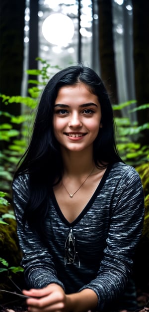 RAW photo (high-definition image: 1.2), high-quality, photorealistic, Fujifilm XT 3 telephoto lens,portrait Russian 18-year-old Slavic straight black hair teenage girl, beautiful face, looking at the camera,mischievous eyes, a slight smile, dressed in a slim, short purple top. In the distance, there is a lightening. It stands in the bioluminescent forest at night. BREAK. Eerie Beauty,A moonlit forest, bathed in an ethereal glow. Ancient, gnarled trees twist into fantastical shapes, while wispy, bioluminescent mushrooms illuminate the forest floor. A stack of mushrooms with piercing needles sprouts from the shadows. Sharp focus,background