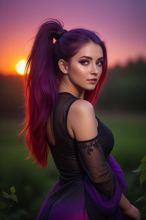 Ultra Long Exposure Photography))  Slavian girl with long crazy double ponytail hair, beautiful Slavic oval face,multicolored hair(coloring in the style of Goth:0.1),fiery red wavy hair fluttering in the wind,hair flutters in the wind, the setting red sun highlights the hair from the inside,(((ombre,(purple),(black))colorful)hair color),(Transperent dress)(Transperent Parts)Looking at the camera, (a slight smile),He goes towards the camera,She is the goddess of horticulture. She’s covered in millions of microscopic ultra bright green neon strings emanating from her body. beautiful backlit silhouette, high detailed, covered in neon vines and leaves. Green color palette.(wind:1.3), detailed hair, beautiful face, beautiful girl, ultra detailed eyes, cinematic lighting, (hyperdetailed:1.15), outdoors,,,<lora:659095807385103906:1.0>