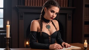 RAW photo (high-detail image: 1.2), 8K hd, high quality, film grain, photorealistic, Fujifilm XT 3,Koni Demiko 28 yo Gothic-style model  dressed in a revealing schoolgirl costume.looks at the camera, a slight mysterious smile, The neckline, decorated with intricate lace and gold details, gives the image a seductive and rebellious look. Dark hair, braided in a braid, flows down, framing a beautiful, mesmerizing face. Bold make-up with an ombre effect on the lips adds to her charm, moving from a deep, rich red in the center to a glossy black at the edges, artfully outlined and filled to create a spectacular but subtle gradient. Glossy gloss gives the image a touch of glamour and volume, and rich red and black shades give the image a dramatic, vampire atmosphere. A tattoo in the form of skulls adorns her arms.A table with open books on witchcraft, the paraphernalia of a black magus, black candles, and pentagrams glowing with green fire, create an atmosphere of mystical wonder,in the background there is an old steampunk library, antique folios decorated with steampunk pentagrams, a lit fireplace, burning candles,<lora:659095807385103906:1.0>