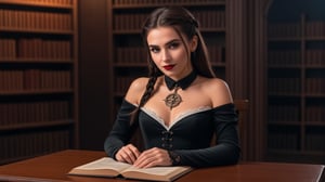RAW photo (high-detail image: 1.2), 8K hd, high quality, film grain, photorealistic, Fujifilm XT 3,Koni Demiko 28 yo Gothic-style model  dressed in a revealing schoolgirl costume.looks at the camera, a slight mysterious smile, The neckline, decorated with intricate lace and gold details, gives the image a seductive and rebellious look. Dark hair, braided in a braid, flows down, framing a beautiful, mesmerizing face. Bold make-up with an ombre effect on the lips adds to her charm, moving from a deep, rich red in the center to a glossy black at the edges, artfully outlined and filled to create a spectacular but subtle gradient. Glossy gloss gives the image a touch of glamour and volume, and rich red and black shades give the image a dramatic, vampire atmosphere. A tattoo in the form of skulls adorns her arms.A table with open books on witchcraft, the paraphernalia of a black magus, black candles, and pentagrams glowing with green fire, create an atmosphere of mystical wonder,in the background there is an old steampunk library, antique folios decorated with steampunk pentagrams, a lit fireplace, burning candles,<lora:659095807385103906:1.0>