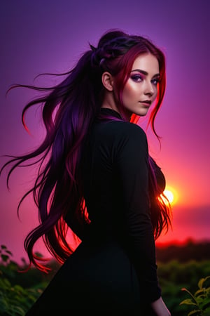 Ultra Long Exposure Photography))  Slavian girl with long crazy double ponytail hair, beautiful Slavic oval face,multicolored hair(coloring in the style of Goth:0.1),fiery red wavy hair fluttering in the wind,hair flutters in the wind, the setting red sun highlights the hair from the inside,(((ombre,(purple),(black))colorful)hair color),(Transperent dress)(Transperent Parts)Looking at the camera, (a slight smile),He goes towards the camera,She is the goddess of horticulture. She’s covered in millions of microscopic ultra bright green neon strings emanating from her body. beautiful backlit silhouette, high detailed, covered in neon vines and leaves. Green color palette.,,<lora:659095807385103906:1.0>,<lora:659095807385103906:1.0>