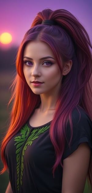 Ultra Long Exposure Photography))  Slavian girl with long crazy double ponytail hair, beautiful Slavic oval face,multicolored hair(coloring in the style of Goth:0.1),fiery red wavy hair fluttering in the wind,hair flutters in the wind, the setting red sun highlights the hair from the inside,(((ombre,(purple),(black))colorful)hair color),(Transperent dress)(Transperent Parts)Looking at the camera, (a slight smile),He goes towards the camera,She is the goddess of horticulture. She’s covered in millions of microscopic ultra bright green neon strings emanating from her body. beautiful backlit silhouette, high detailed, covered in neon vines and leaves. Green color palette.(wind:1.3), detailed hair, beautiful face, beautiful girl, ultra detailed eyes, cinematic lighting, (hyperdetailed:1.15), outdoors,,depth of field, film photography, film grain, glare, wet plate photography,<lora:659095807385103906:1.0>