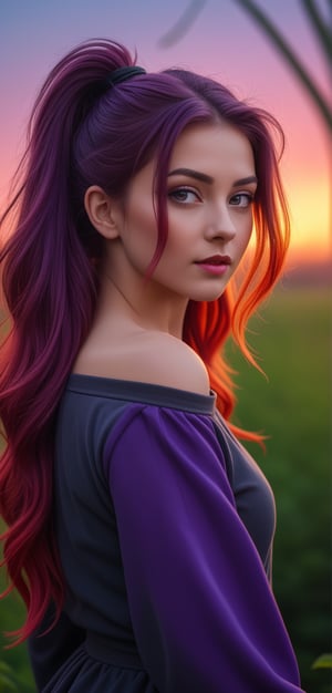 Ultra Long Exposure Photography))  Slavian girl with long crazy double ponytail hair, beautiful Slavic oval face,multicolored hair(coloring in the style of Goth:0.1),fiery red wavy hair fluttering in the wind,hair flutters in the wind, the setting red sun highlights the hair from the inside,(((ombre,(purple),(black))colorful)hair color),(Transperent dress)(Transperent Parts)Looking at the camera, (a slight smile),He goes towards the camera,She is the goddess of horticulture. She’s covered in millions of microscopic ultra bright green neon strings emanating from her body. beautiful backlit silhouette, high detailed, covered in neon vines and leaves. Green color palette.(wind:1.3), detailed hair, beautiful face, beautiful girl, ultra detailed eyes, cinematic lighting, (hyperdetailed:1.15), outdoors,,depth of field, film photography, film grain, glare,,<lora:659095807385103906:1.0>