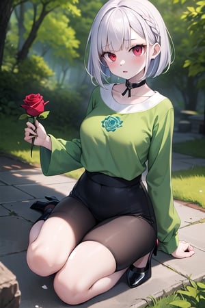 albino girl with seemingly red eyes, pale skin, a wavy bob hairstyle dyed powder blue and forest green, has a shirt with a big flower in the middle and green sleeves, wears red heels, and a rose choker