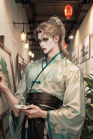1boy, pale skin, light brown hair in a ponytail, green eyes, ancient Chinese blue hanfu, paint, art studio