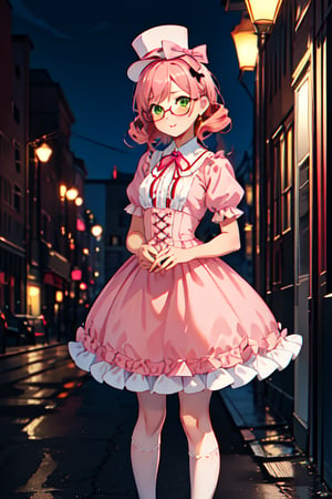 1woman, dark tan skin, green eyes, pink hair tied into curls, glasses, small red top hat with white rose, pink dress with black buttons and ruffles, pink ribbon arpund neck, red stockings with white ribbons, black shoes, 1800s street at night, anime, mature_woman