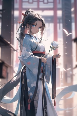 1girl, dark tan skin, long black hair in a ponytail, blue eyes, white rose in hair, black and white Chinese hanfu, blue and white shoes