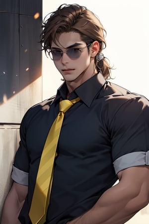 1boy, long light brown hair, brown eyes, shades, black shirt with yellow stripes, dark blue tie, slightly buff