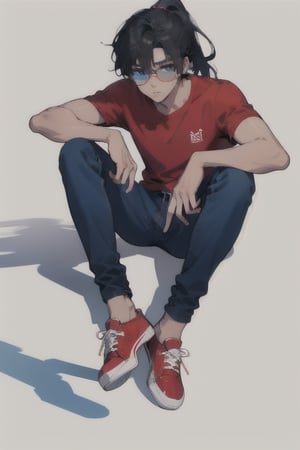1boy, dark tan skin, black hair in a ponytail, blue eyes, blue glasses, red shirt, blue pants, red and white shoes,