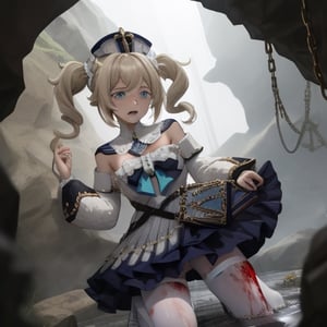 barbara (genshin impact),
1girl,
hat,
latin cross,
blonde hair,
long hair,
twintails,
twin drills,
blue eyes,
bow.
torn dres,
frilled skirt,
detached sleeves,

white pantyhose,
book,
belt
white pantyhose,
book,

blood, dirt, good hands, pretty face, mud, dungeon, full body, cave, cavern, torn stockings, many wounds, corruption, torn dress, scared. praying, llorando, lágrimas, vampiro, cementer, blood all over body and clothing, blood all over body and clothing, crying. wet, blood all over body and clothing, crying. wet, raining, chains,