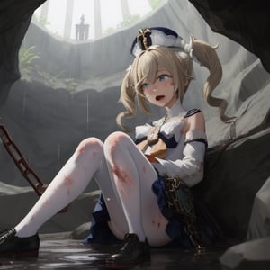 barbara (genshin impact),
1girl,
hat,
latin cross,
blonde hair,
long hair,
twintails,
twin drills,
blue eyes,
bow.
torn dres,
frilled skirt,
detached sleeves,

white pantyhose,
book,
belt
white pantyhose,
book,

blood, dirt, good hands, pretty face, mud, dungeon, full body, cave, cavern, torn stockings, many wounds, corruption, torn dress, scared. praying, llorando, lágrimas, vampiro, cementer, blood all over body and clothing, blood all over body and clothing, crying. wet, blood all over body and clothing, crying. wet, raining, chains,