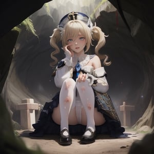 bbarbara (genshin impact),
1girl,
hat,
latin cross,
blonde hair,
long hair,
twintails,
twin drills,
blue eyes,
bow.
torn dres,
frilled skirt,
detached sleeves,

white pantyhose,
book,
belt
white pantyhose,
book,

blood, dirt, good hands, pretty face, mud, dungeon, full body, cave, cavern, torn stockings, many wounds, corruption, torn dress, scared. praying, llorando, lágrimas, vampiro, cementery, full body, pretty face, pretty hands, good hands