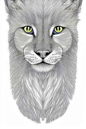 	feline, kawaii style, Eurasian lynx, full body, side view, ferocity,  fantasy, unusual, black and white, wavey lines, realistic line art drawing,  adult coloring book page, nature patterns, no noise, crisp thick lines, outline art, centered image, isolated on a white background