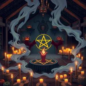 An exorcism, satanic pentagram, lots of candles, halloween motif, magical flow running throughout the room, (anime style), Ghibli studio