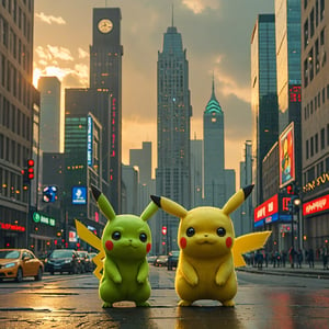 A gigantic, green-skinned alien stands proudly amidst a miniature cityscape, its massive hand cradling a pocket-sized Pikachu. The Pokemon's bright eyes and endearing expression are in stark contrast to the extraterrestrial's imposing features, as if acknowledging the vast size gap between them. The city's tiny skyscrapers and bustling streets create a whimsical backdrop, with a warm orange glow illuminating the scene.