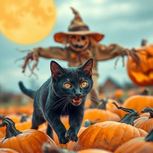 Horror Scarecrow, chasing a black cat. The black cat have  face showing extreme fear, close up view, running on the pumpkin field