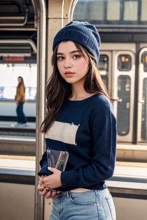 1girl, solo, 

looking at viewer, 20 years old, perfect body

long brown hair, black eyes, wearing blue jean, white long sleeve sweater, ski hat

outdoor, metro, at the station,

 (8k, high quality, masterpiece, top quality, award winning photo, ultra-realistic:1.5), cowboy shot