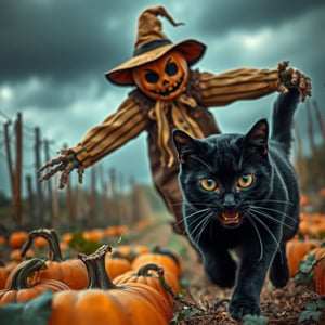 Horror Scarecrow, chasing a black cat. The black cat have  face showing extreme fear, close up view, running on the pumpkin field