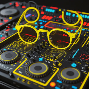 yellow neon glasses, DJ glasses, overview, place on the DJ player