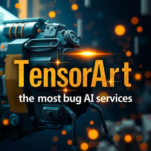 a logo has text "TensorArt" at the center, trash material, golden text with shinny bling bling effect, add the text " the most bug AI services" at the bottom of image, cinematic design with complex art