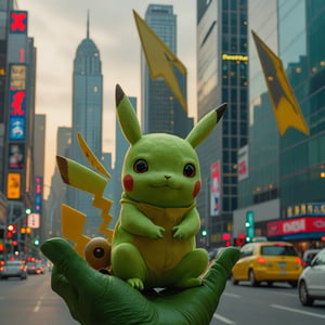 A gigantic, green-skinned alien stands proudly amidst a miniature cityscape, its massive hand cradling a pocket-sized Pikachu. The Pokemon's bright eyes and endearing expression are in stark contrast to the extraterrestrial's imposing features, as if acknowledging the vast size gap between them. The city's tiny skyscrapers and bustling streets create a whimsical backdrop, with a warm orange glow illuminating the scene.