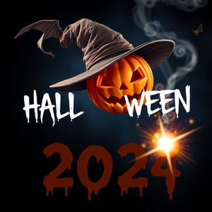 pumpkin halloween mask, witch hat, flying broomstick, looking at the viewer, magic wand, magical night, magic that creates the word "HALLOWEEN 2024"