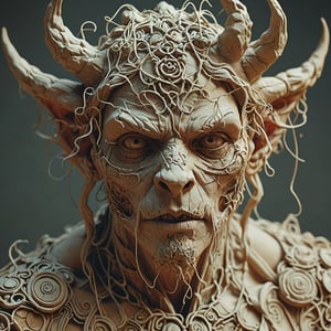 a demon, clay style, completely created from textiles, threads and mesh woven together, canvas, 3D, intricate motifs, organic openwork, trending on artstation, sharp focus, studio photo, intricate details, highly detailed