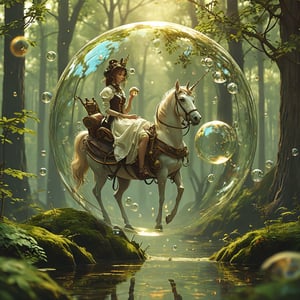 Forest, floating bubble, Steampunk style, Unicorn