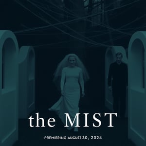 ghost, widow, wearing a white wedding dress, passing through invisible lines of people, in a cemetery, gloomy, dim atmosphere, name another movie "the MIST", premiering on August 30, 2024