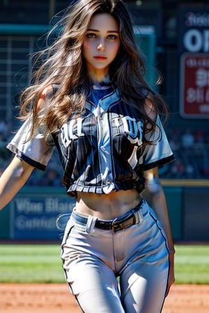  mature very tall thin Woman.
 Windy
Wide shoulders.
Black long straight hair
White uniform, action pose
Pants
hourglass body shape,baseball 