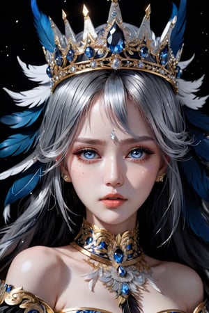 (((masterpiece))),best quality, illustration,(beautiful detailed girl), a girl ,solo,bare shoulders,flat_chst,diamond and glaring eyes,beautiful detailed cold face,very long blue and sliver hair,floaing black feathers,wavy hair,black and white sleeves,gold and sliver fringes,a (blackhole) behind the girl,a silver triple crown inlaid with obsidian,(sit) on the black ((throne)), (depth) of (field),,<lora:659095807385103906:1.0>