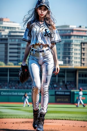  mature very tall thin Woman.
 Windy
Wide shoulders.
Black long straight hair
White uniform, action pose
Pants
hourglass body shape,baseball 