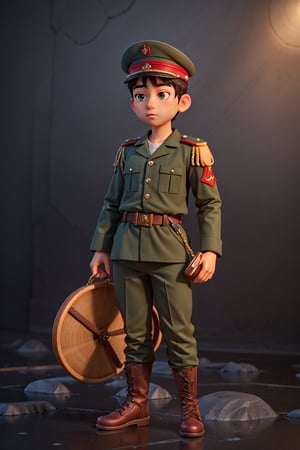 a boy in an army military uniform in front of a dark background, in the style of striated resin veins, gongbi, dark green and red, sumatraism, recycled, full body, photo-realistic techniques