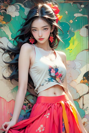 extreme detailed, (masterpiece), (top quality), (best quality), (official art), (beautiful and aesthetic:1.2), (stylish pose), (1 woman), (colorful), (multicolor theme: 1.5), ppcp, medium length skirt, randdom pose, looking into distance, long wave black hair, show navel, random stylish pose, wearing a tank top with lace, warm smile, upper body, 
perfect,ChineseWatercolorPainting,Chromaspots,fairy,pastelbg,1girl,Half Color,neon background,gongbiv,red dress,colorful_girl,anime girl