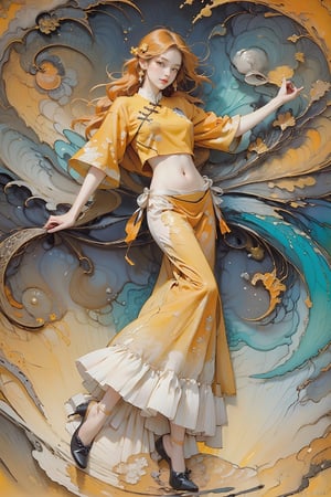 extreme detailed, (masterpiece), (top quality), (best quality), (official art), (beautiful and aesthetic:1.2), (stylish pose), (1 woman), (fractal art:1.3), (colorful), (orange-yellow theme: 1.5), long wave hair,  ppcp, 七分褲, show navel, full body,
perfect,ChineseWatercolorPainting,Nature