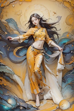 extreme detailed, (masterpiece), (top quality), (best quality), (official art), (beautiful and aesthetic:1.2), (stylish pose), (1 woman), (fractal art:1.3), (colorful), (orange-yellow theme: 1.5), long wave hair,  ppcp, 七分褲, show navel, full body,
perfect,ChineseWatercolorPainting,Nature