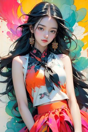 extreme detailed, (masterpiece), (top quality), (best quality), (official art), (beautiful and aesthetic:1.2), (stylish pose), (1 woman), (colorful), (multicolor theme: 1.5), ppcp, medium length skirt, randdom pose, looking into distance, long wave black hair, show navel, random stylish pose, wearing a tank top with lace, warm smile, upper body, 
perfect,ChineseWatercolorPainting,Chromaspots,fairy,pastelbg,1girl,Half Color,neon background,gongbiv,red dress,colorful_girl,anime girl