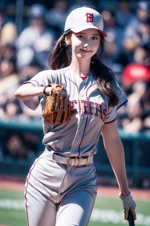 1 Girl with a sexy race queen , very bright backlight, solo, {beautiful and delicate eyes}, medium breasts, natural and soft light, hair blowing in the wind, delicate facial features, beautiful Korean girl, eye smile, outdoor, in game, 20 years old, ((model pose)), slender body type, film grain, white stripe baseball uniform, baseball cap, baseball bat, real hands, long_ponytail, accessories, thigh show, baseball stadium, thin rips, Yoona, SNSD, brown eyes, smile, curvy, big hip, perfect_hands, black_hair, straight_hair, pony_tail, lg twins