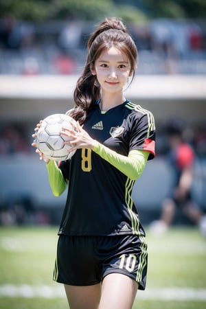 1 Girl with a sexy soccer player , very bright backlight, solo, {beautiful and delicate eyes}, medium breasts, natural and soft light, hair blowing in the wind, delicate facial features, beautiful Korean girl, eye smile, outdoor, in game, 20 years old, ((model pose)), slender body type, film grain, soccer uniform, soccer ball, real hands, long_ponytail, accessories, thigh show, soccer stadium, thin_lips, Yoona, SNSD, dark brown eyes, smile, curvy, big hip, perfect_hands, black_hair, straight_hair, pony_tail, red uniform, Korean national football team uniform, ((kick the ball:1.2)), ((sweating:1.2))