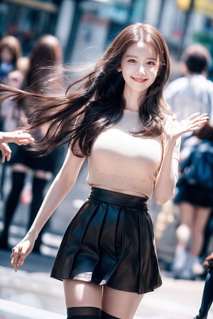 1 Girl with a K pop idol, very bright backlight, solo, {beautiful and delicate eyes}, medium breasts, calm expression, natural and soft light, hair blowing in the wind, delicate facial features, beautiful Korean girl, eye smile, lip smile, city, street, outdoor, 20 years old, ((model pose)), slender body type, film grain, simple pretty fassion, ((miniskirt:1.4)), (kneehigh_socks:1.4), real hands, gravure, accessories, dark brown_hair, thin_lips, Yoona, SNSD, open_mouth_loudly, big_smile, curvy, big hip, groin, pure_eros, perfect anatomy, perfect eye ratio, perfect hands, perfect fingers, ((fluting:1.4)), night, walking, shopping, ((open_mouth_loudly:1.2)), spring, ((shiny day:1.2)),  ((big_laughing:1.4)), mouth_open_laughing, The girl is walking with a shiny smile.