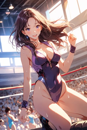 1 Girl with a sexy pro wrestler, very bright backlight, solo, spotlight, sidelightning, {beautiful and delicate eyes}, medium breasts, natural and soft light, hair blowing in the wind, delicate facial features, beautiful Korean girl, dark black eyes, long_hair, black hair, straight hair, on the ring, Pro wrestling Arena, indoors, 22 years old, slender body type, film grain, ((sexy purple_leotard:1.4)), (sweating:1.4), real hands, cleavage, sexy pro wrestling costume, crowed, wrestler boots, arm bands, perfect anatomy, beautiful long legs, thin_lips, lip smile, wrestler pose, fighting pose, slim waist, big hip, camel_toe, smile, ready to fight, accessories,aespakarina,karina