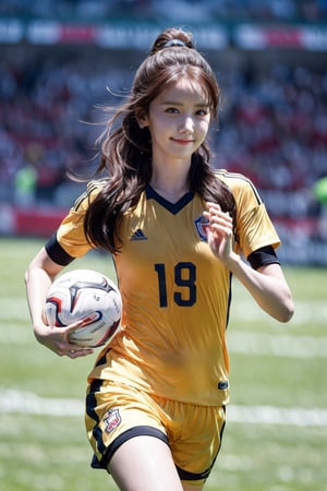 1 Girl with a sexy soccer player , very bright backlight, solo, {beautiful and delicate eyes}, medium breasts, natural and soft light, hair blowing in the wind, delicate facial features, beautiful Korean girl, eye smile, outdoor, in game, 20 years old, ((model pose)), slender body type, film grain, soccer uniform, soccer ball, real hands, long_ponytail, accessories, thigh show, soccer stadium, thin_lips, Yoona, SNSD, dark brown eyes, smile, curvy, big hip, perfect_hands, black_hair, straight_hair, pony_tail, red uniform, Korean national football team uniform, ((kick the ball:1.2)), ((sweating:1.2))