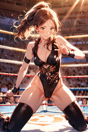 1 Girl with a sexy pro wrestler, very bright backlight, solo, spotlight, sidelightning, {beautiful and delicate eyes}, medium breasts, natural and soft light, hair blowing in the wind, delicate facial features, beautiful Korean girl, dark brown eyes, long hair, on the ring, Pro wrestling Arena, indoors, 22 years old, slender body type, film grain, ((sexy black_leotard:1.4)), (sweating:1.4), (long_ponytail:1.4), real hands, cleavage, sexy pro wrestling costume, crowed, wrestler boots, arm bands, perfect anatomy, beautiful long legs, thin_lips, Yoona, SNSD, lip smile, wrestler pose, fighting pose, slim waist, big hip, camel_toe, smile, ready to fight, accessories