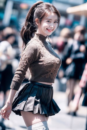 1 Girl with a K pop idol, very bright backlight, solo, {beautiful and delicate eyes}, medium breasts, calm expression, natural and soft light, hair blowing in the wind, delicate facial features, beautiful Korean girl, eye smile, lip smile, city, street, outdoor, 20 years old, ((model pose)), slender body type, film grain, simple pretty fassion, ((miniskirt:1.4)), (kneehigh_socks:1.4), ((long_ponytail:1.2)), real hands, gravure, accessories, dark brown_hair, thin_lips, Yoona, SNSD, open_mouth_loudly, big_smile, curvy, big hip, groin, pure_eros, perfect anatomy, perfect eye ratio, perfect hands, perfect fingers, ((fluting:1.4)), walking, shopping, ((open_mouth_loudly:1.2)), spring, ((shiny day:1.2)),  ((big_laughing:1.4)), mouth_open_laughing, The girl is walking with a shiny smile.