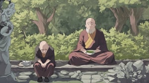 A tranquil monastery with lush greenery and a garden. The old monk (named Master) and the young monk (named Disciple) are sitting on stone benches in the garden. Master is preparing tea, and Disciple is nearby sweeping. The picture is mainly about people, with facial expressions clearly shown. The old monk's expression is Charity and peaceful. The young monk's expression is Troubles and sorrows. Disney style.