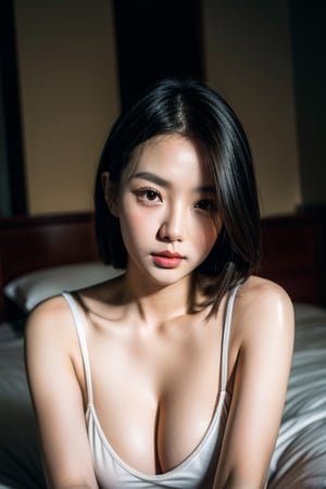 (intimate photo), high_quality, 4K, at apartment, 8K, 50mm lens, very high quality, ultra high definition, 32K, ultra photorealistic, dramatic, high detail, more detail, flash photography, real life, photorealistic, high resolution, 8k, RAW photo, best quality, masterpiece, High resolution photos, extremely detailed), hyperrealism, Best quality, masterpiece, 8k, super bright scene, flash photography, real life, photorealistic, high resolution, beautyful busty 20 years old korean K-pop idol lying on the bed, instagram model, bright asian skin, white asian skin, big_breast, black_hair, drunken, face, orgasm face, white bed, doing sexy pose, showing face, shy face,  