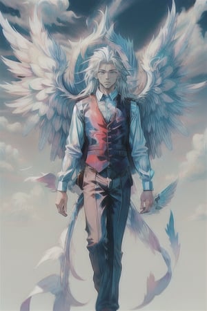 A male angel, facing the camera, with long white hair, wearing a suit vest, with angel wings spread out behind him, floating in the sky