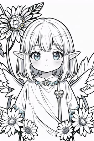 A charming forest elf, her wings as thin as parchment, amidst a dazzling array of daisies., white background (masterpiece, best quality, super detailed, high quality, resolution, highly detailed, textured skin), AGE REGRESSION, oversized clothes, cuteloli, CHILD,line anime,LINEART